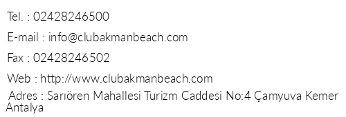 Club Akman Beach Hotel telefon numaralar, faks, e-mail, posta adresi ve iletiim bilgileri